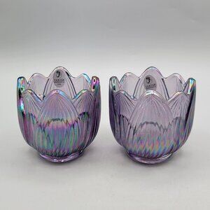 Fenton Purple Carnival Glass Iridescent Glass Tulip Lotus Candleholders Set Of 2
